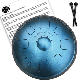 a metallic blue steel tongue drum omni hapi with a book and mallets